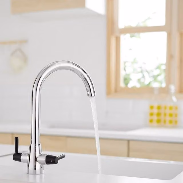 Heable Black Dual Lever Kitchen Mixer Tap with Swivel Spout in Chrome and Silver