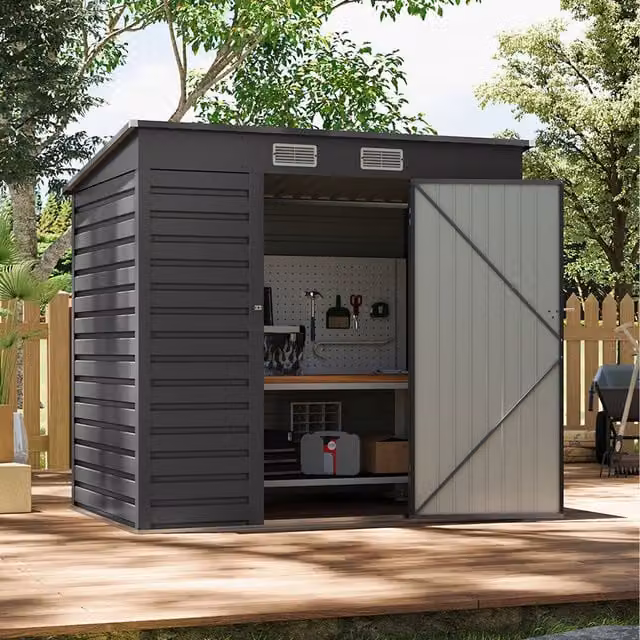 Livingandhome Pent Metal Garden Shed in Anthracite Black with Lockable Door and Side Vent