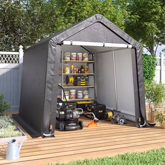 Breeins Galvanised Steel Garden Storage Shed with Roll-up Door and Gable Roof, Dark Grey, Height: 180 cm