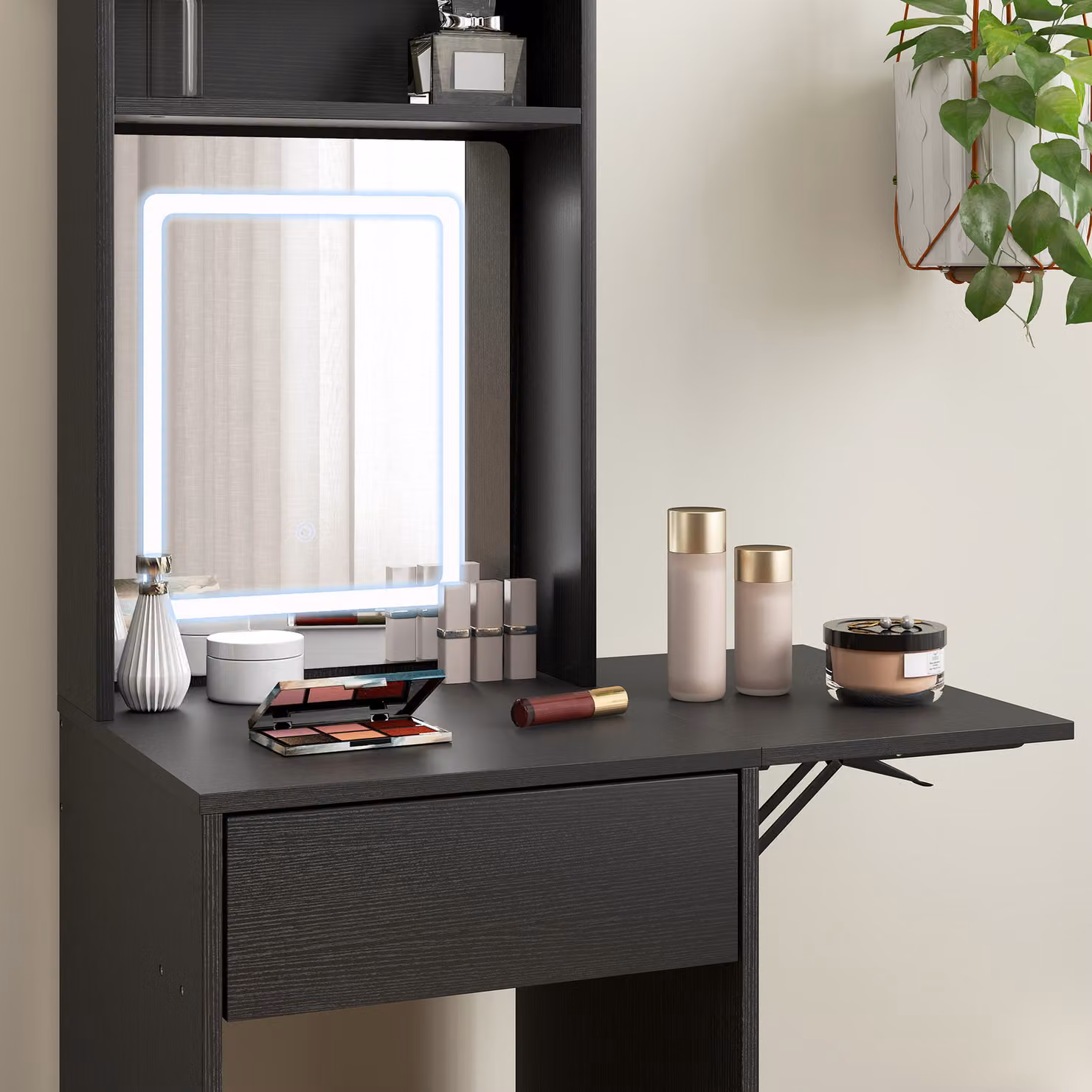 HOMCOM Small Black Vanity Desk with LED Mirror, Drop Leaf Dressing Table with Open Shelves and Drawer, H 152 x W 40 x D 74.3 cm – 5