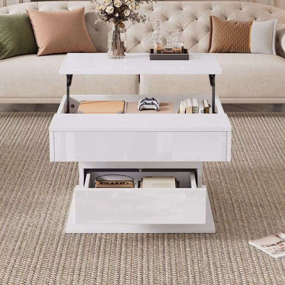 KORVIXA White Lift Top Centre Coffee Table with Rotating Mechanism, W: 100 cm, D: 80 cm, H: 30 cm – 2