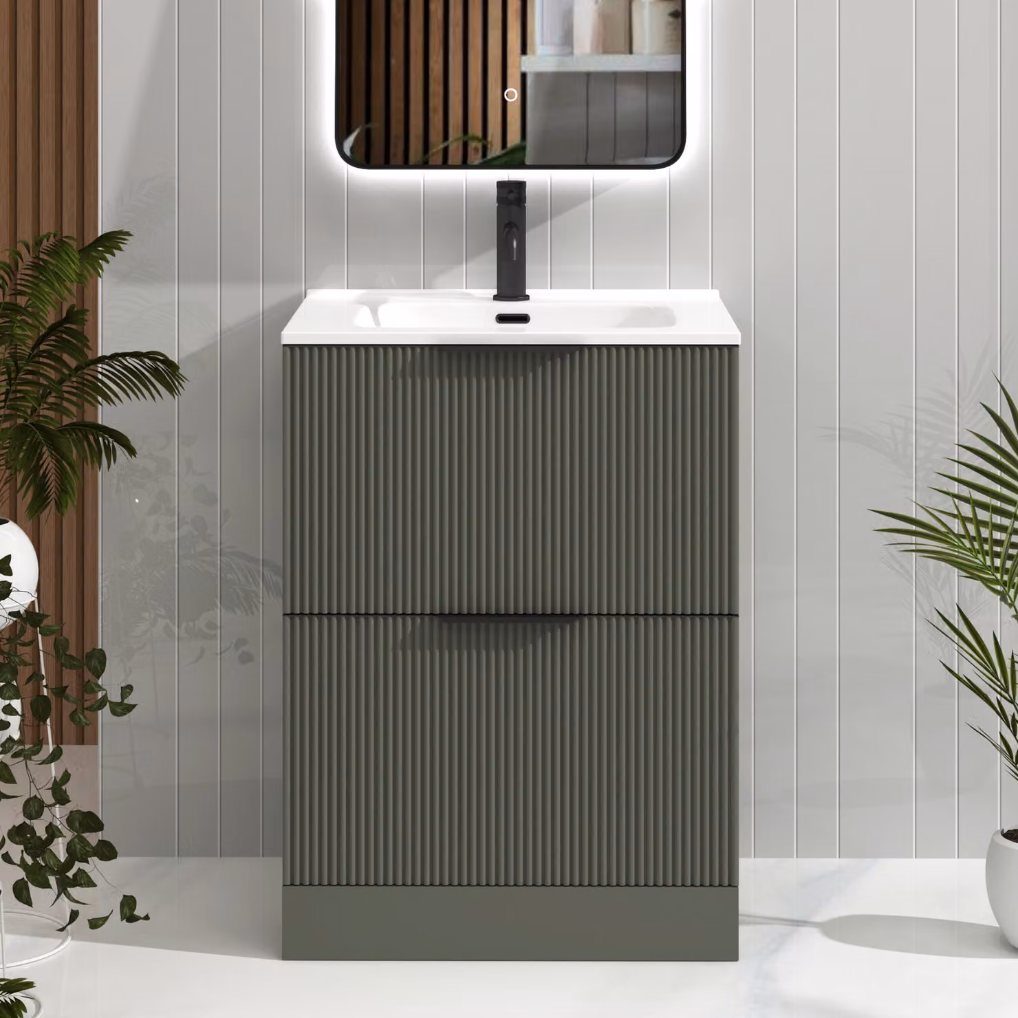 Royal Bathrooms Evora Sage Green Fluted Floor Standing Vanity Unit with 2 Drawers and Ceramic Basin
