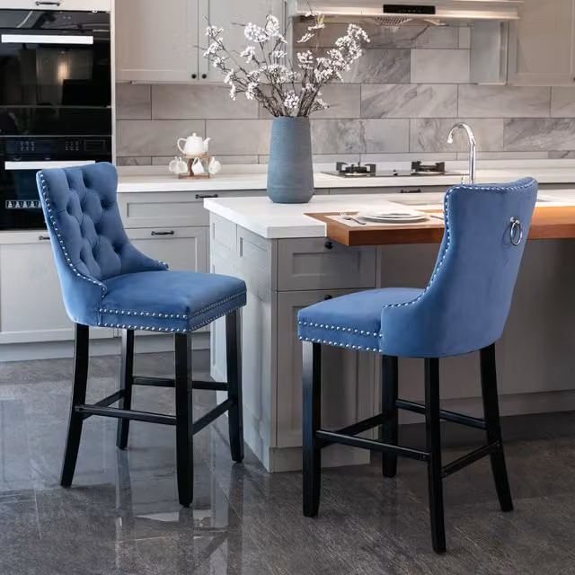 Modern Home Touch Set of 2 Royal Blue Velvet Tufted High Back Bar Stools with Oak Legs