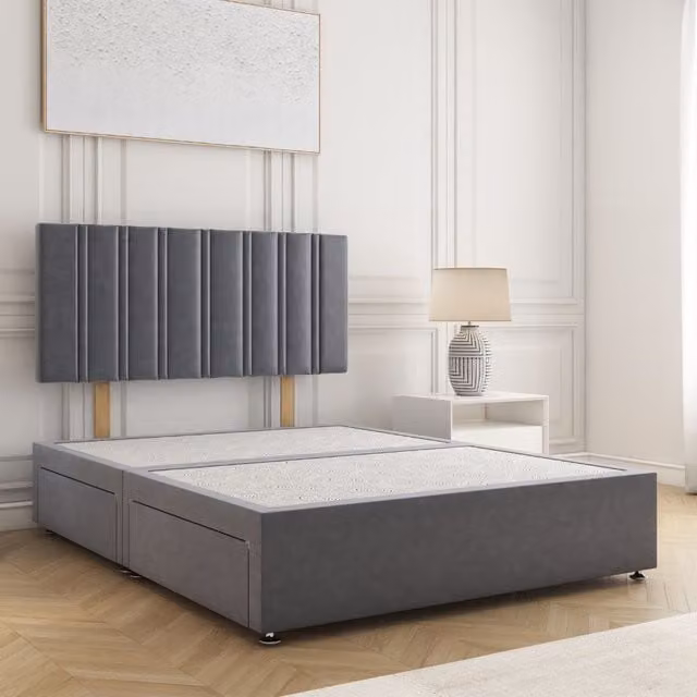 BSSPOKE Sienna Small Double Divan Bed with 24 inch Plush Headboard and 2 Same Side Drawers in Charcoal Grey Velvet Fabric W/D/H: 120 x 200 x 61 cm – 1