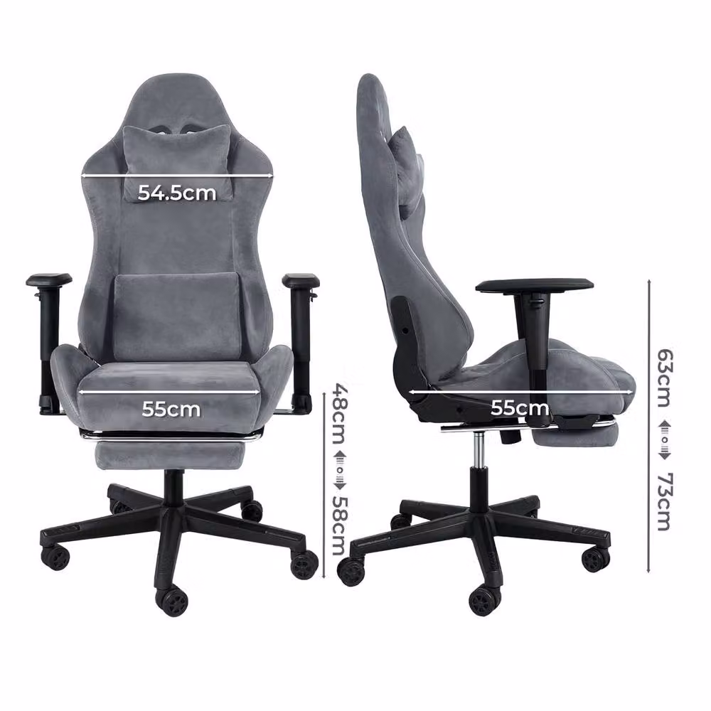 VOGREX Grey Microfibre Reclining Gaming Office Chair with Footrest and Headrest – 2