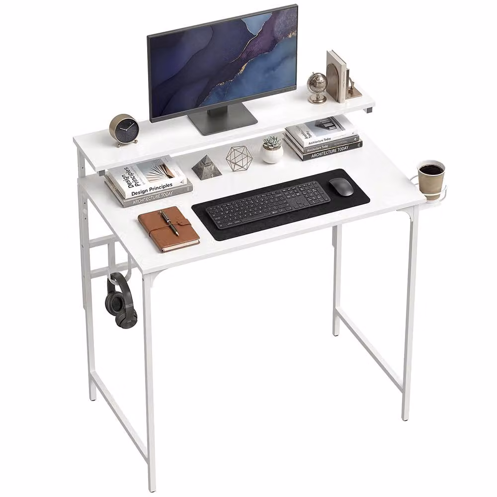 STILVORA Modern White Computer Desk with Hutch Shelf and Accessories – 2