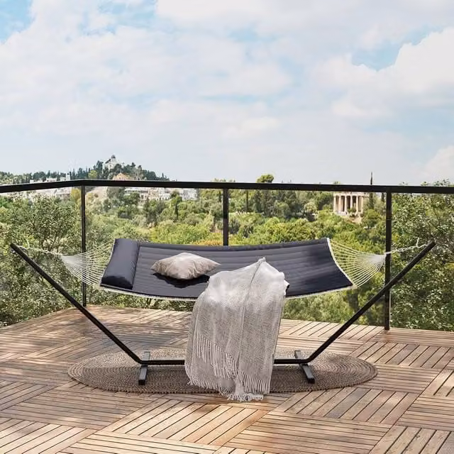 London Boutique Double Hammock with Stand and Pillow in Grey