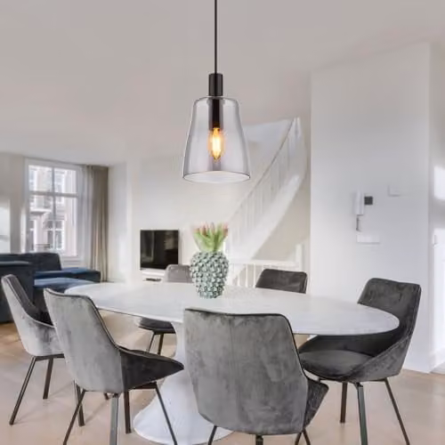 Globo Lighting Modern Round Pendant Lamp in Black Aluminium and Grey Glass, Diameter: 14.5 cm, Height: 120 cm – 1