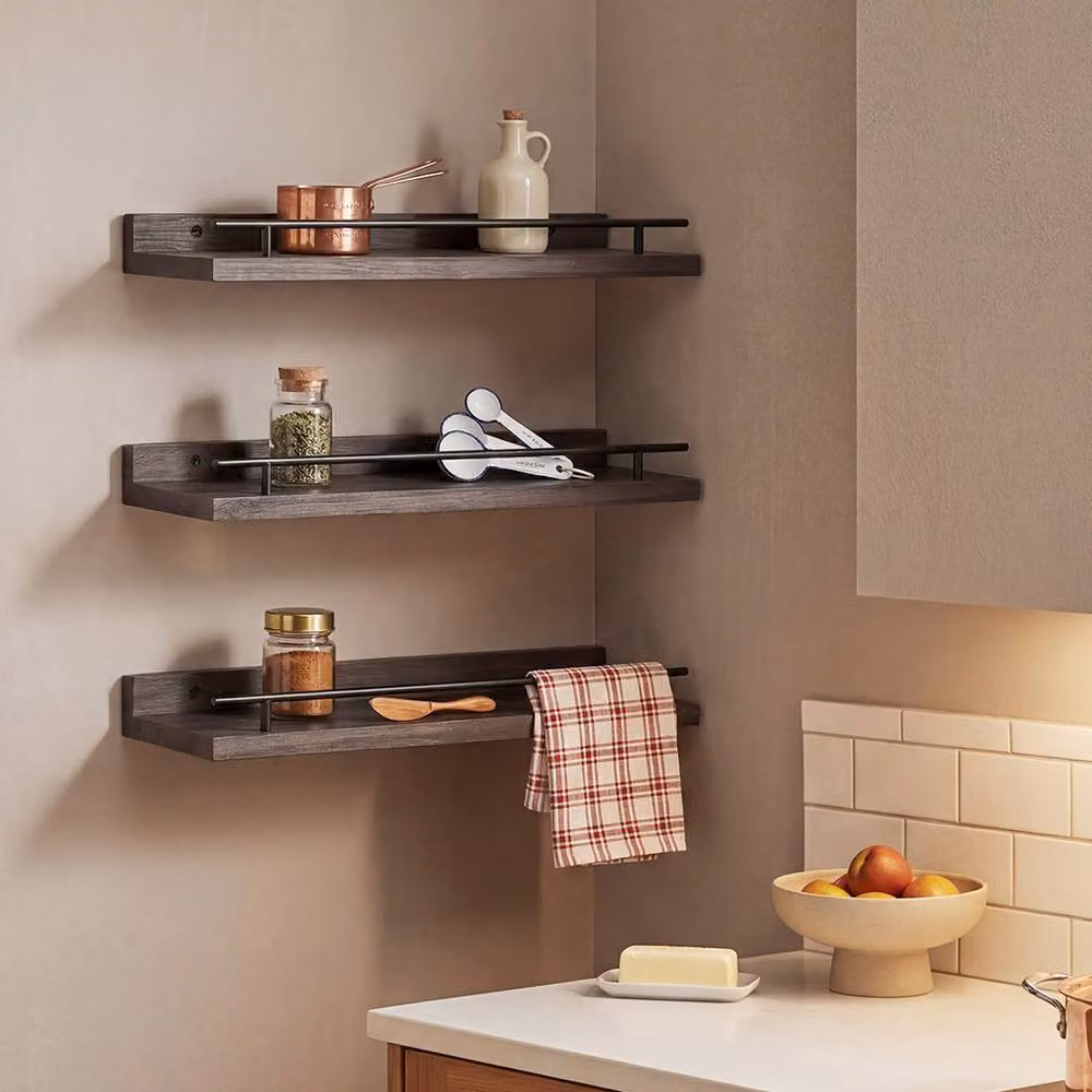 Levede Set of 3 Black Matt Wooden Floating Wall Mounted Shelves – 2