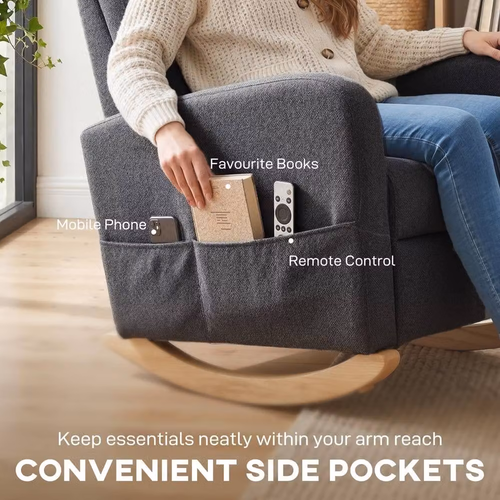 STILVORA Modern Grey Fabric Rocking Chair with Retractable Footrest and Solid Rubberwood Frame – 8