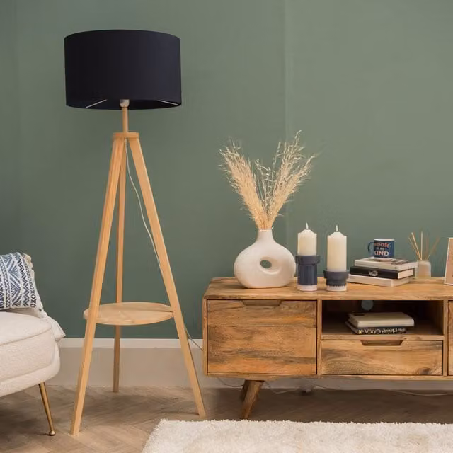 Morrigan Wood Tripod Floor Lamp with Blue Fabric Drum Shade