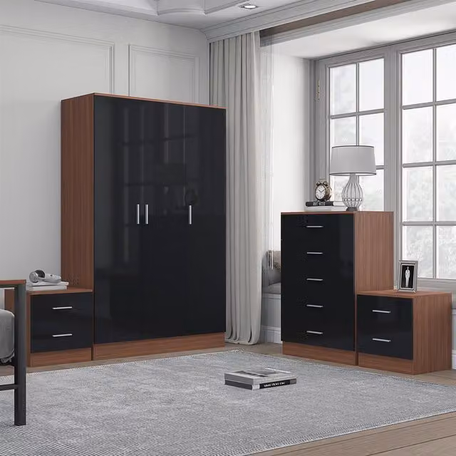 REFLECT Bedroom Furniture Bundle featuring 3-Door Plain Wardrobe, Chest of Drawers and 2 Bedside Tables in Black Gloss and Matt Walnut