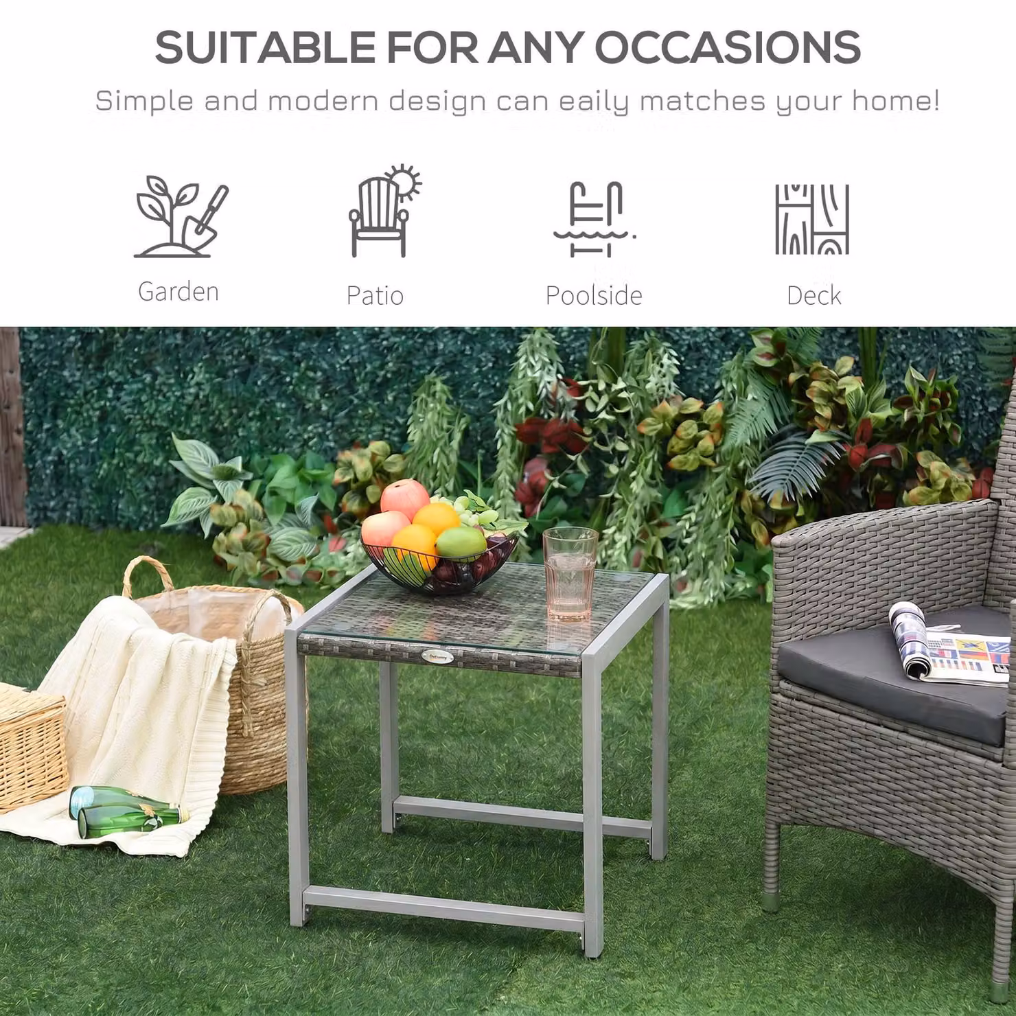 Outsunny Grey Rattan Side Table with Glass Top and Powder Coated Aluminium Frame for Garden and Terrace – 3