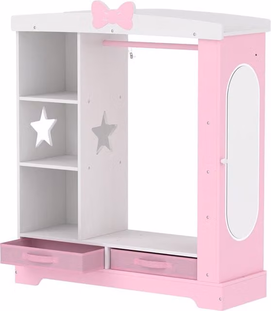 AIYAPLAY Kids Wardrobe with LED Lighted Mirror, Hanging Rail, Internal Shelves and Jewelry Cabinet, Pink – 1