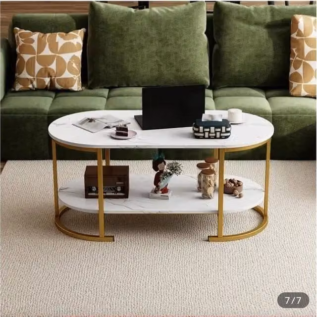 KORVIXA Modern Oval Coffee Table with White Glossy Faux Marble Top, W/D/H: 100 x 100 x 45 cm – 1