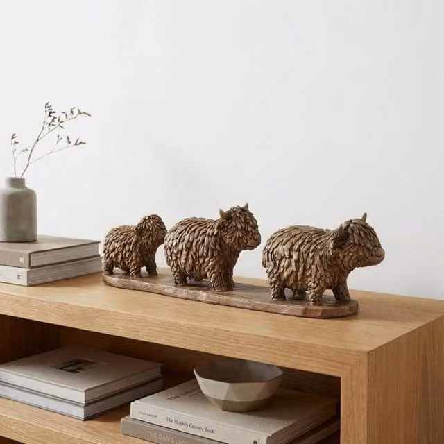 Garden Greatness Hughie Highland Cow Trio Ornament, Brown and Multicolour Wood Tabletop Decor