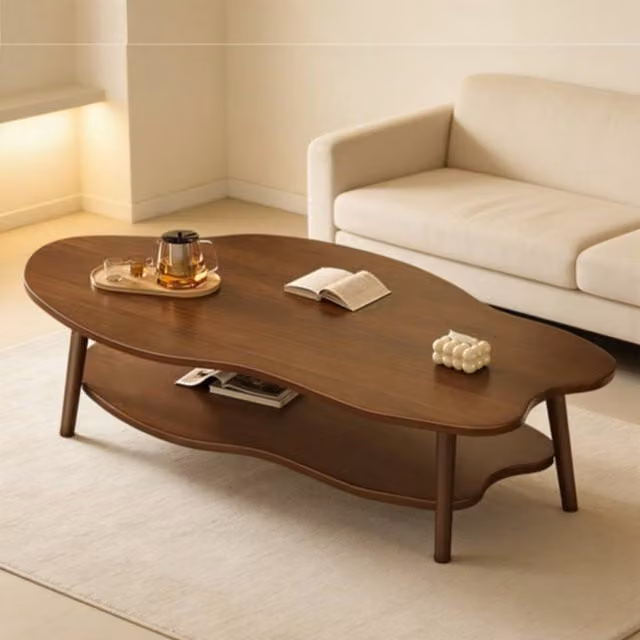 FORGEVIO Modern 2-Layer Oval Cloud Coffee Table in Brown Wood