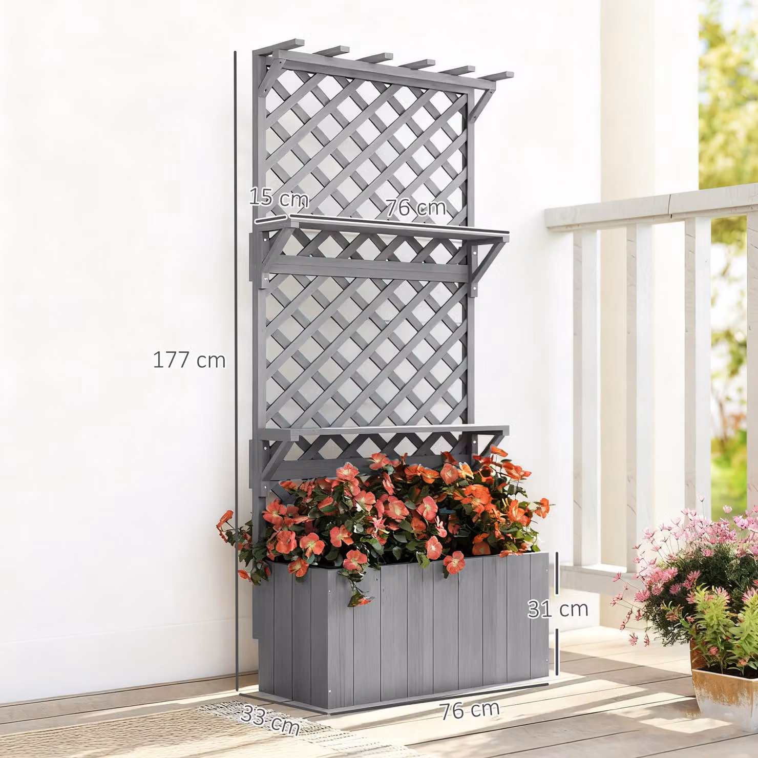 Outsunny Grey Wooden Raised Bed Planter with Trellis, Shelves and 52L Capacity for Climbing Plants and Vegetables – 3