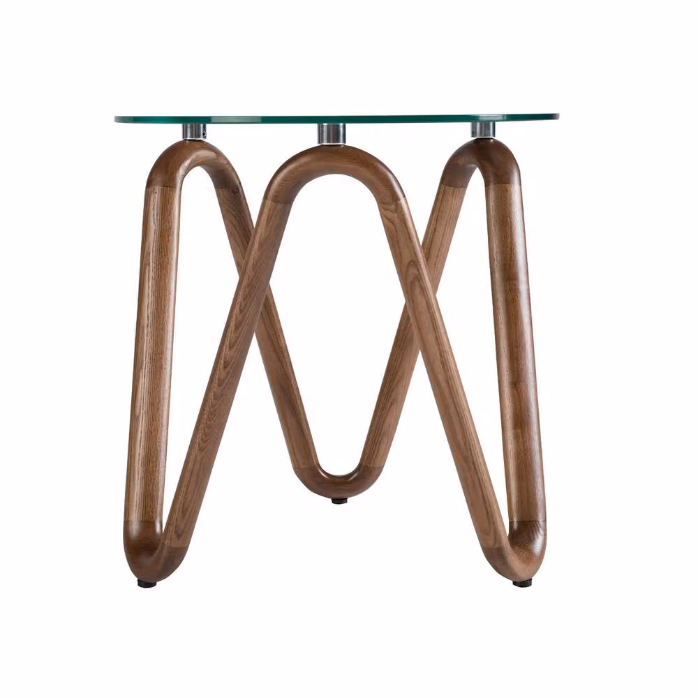 Angel Cerda Round Tempered Glass Side Table with Walnut Legs in Brown, H: 51 cm, W: 50 cm, D: 50 cm – 2