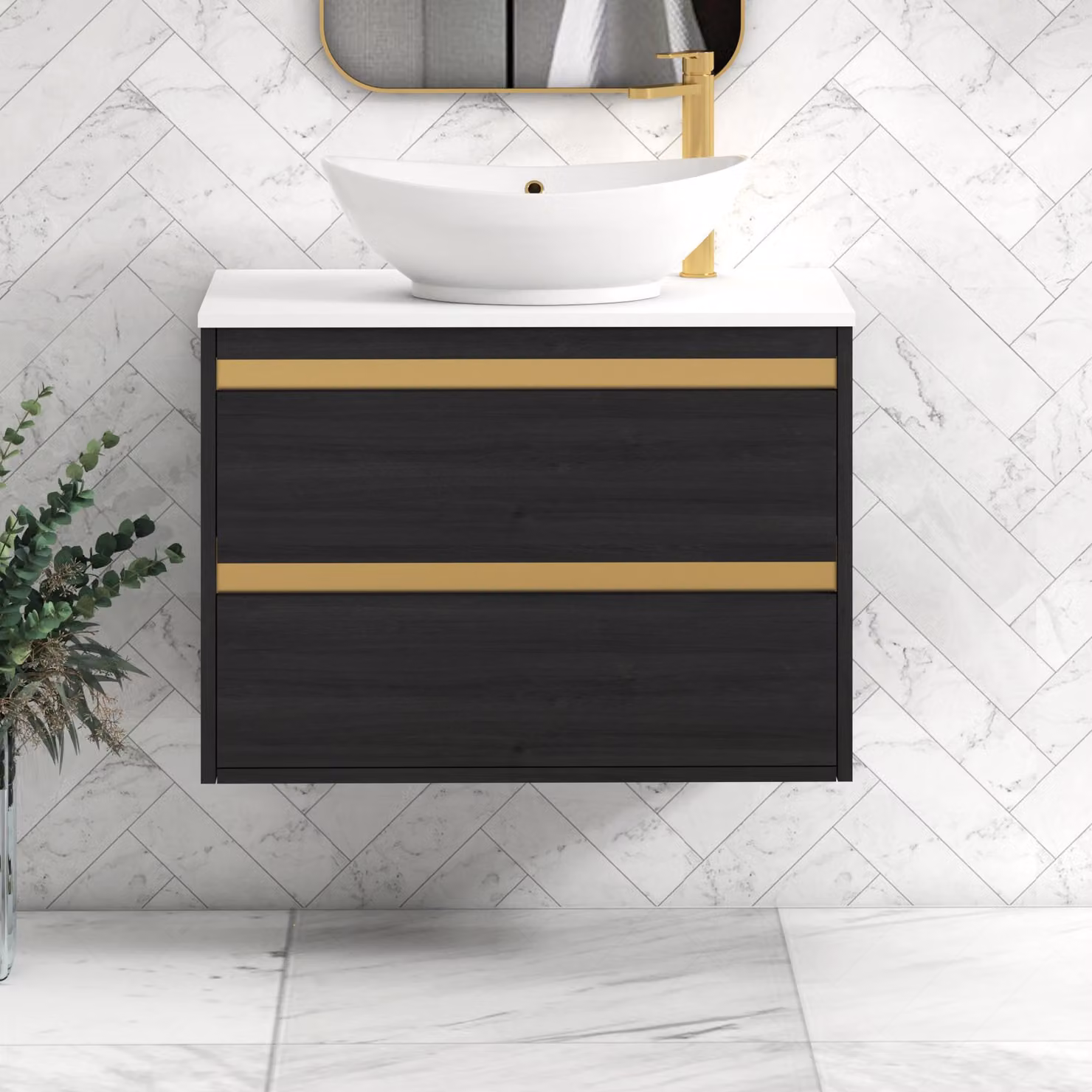 Royal Bathrooms Orion 800mm Hale Wall Hung Vanity Unit in Black and White with Amaze Basin and Brushed Brass Accent Trim