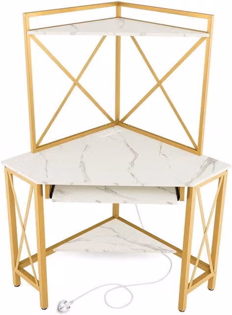 Costway Modern White Corner Writing Desk with Keyboard Tray for Home Office