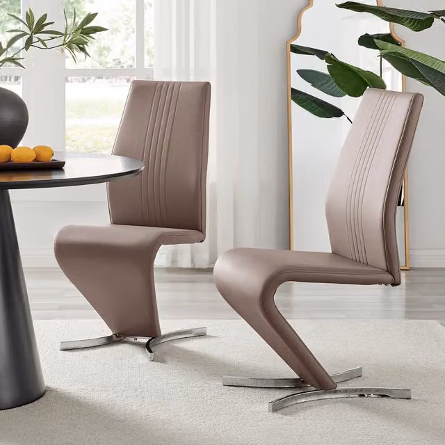 FurnitureboxUK Set of 2 Willow Contemporary Z Shaped Faux Leather Dining Chairs with Silver Chrome Metal Legs in Beige – 2