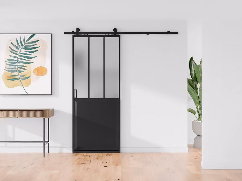 Vente-unique Industrial Style Surface-Mounted Sliding Door in Black and Transparent Glass – 2