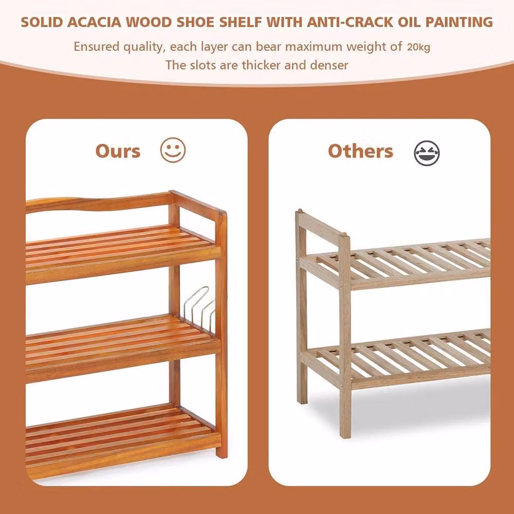 NESTLUNE 2-Tier Solid Acacia Wood Shoe Rack with Side Metal Hooks in Brown, W/D/H: 100 x 42 x 100 cm – 6