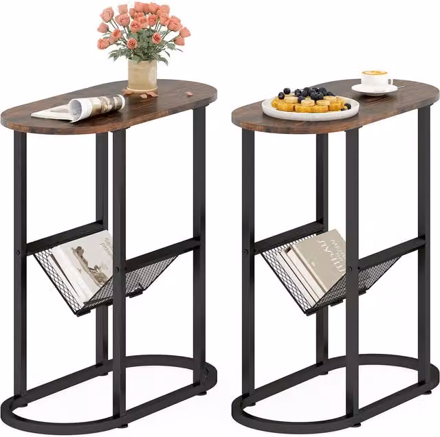 COSTWAY Set of 2 Brown Oval Nested Side Tables with Metal and Wood Construction