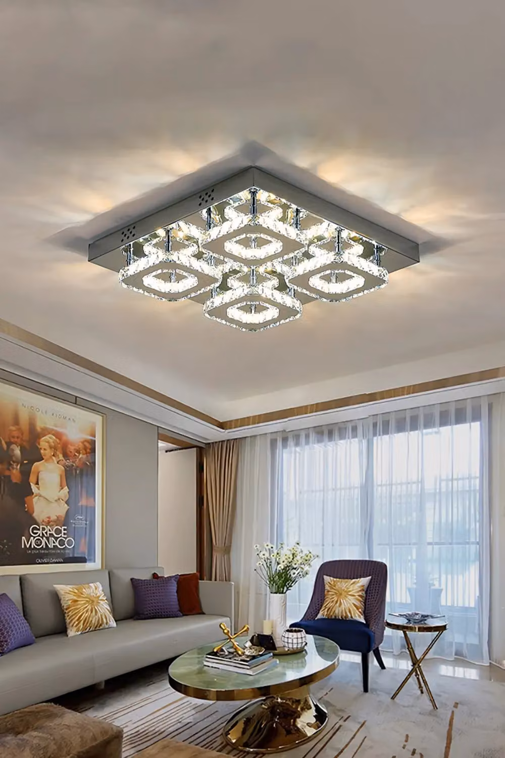 Living and Home Square Crystal Flush Mount Ceiling Light in Silver with Gold Accents – 3