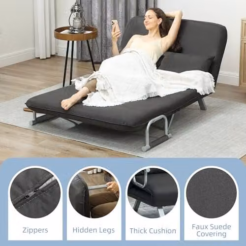 HOMCOM 2 Seater Click Clack Convertible Sofa Bed in Anthracite Grey Microfibre with Metal Frame – 6