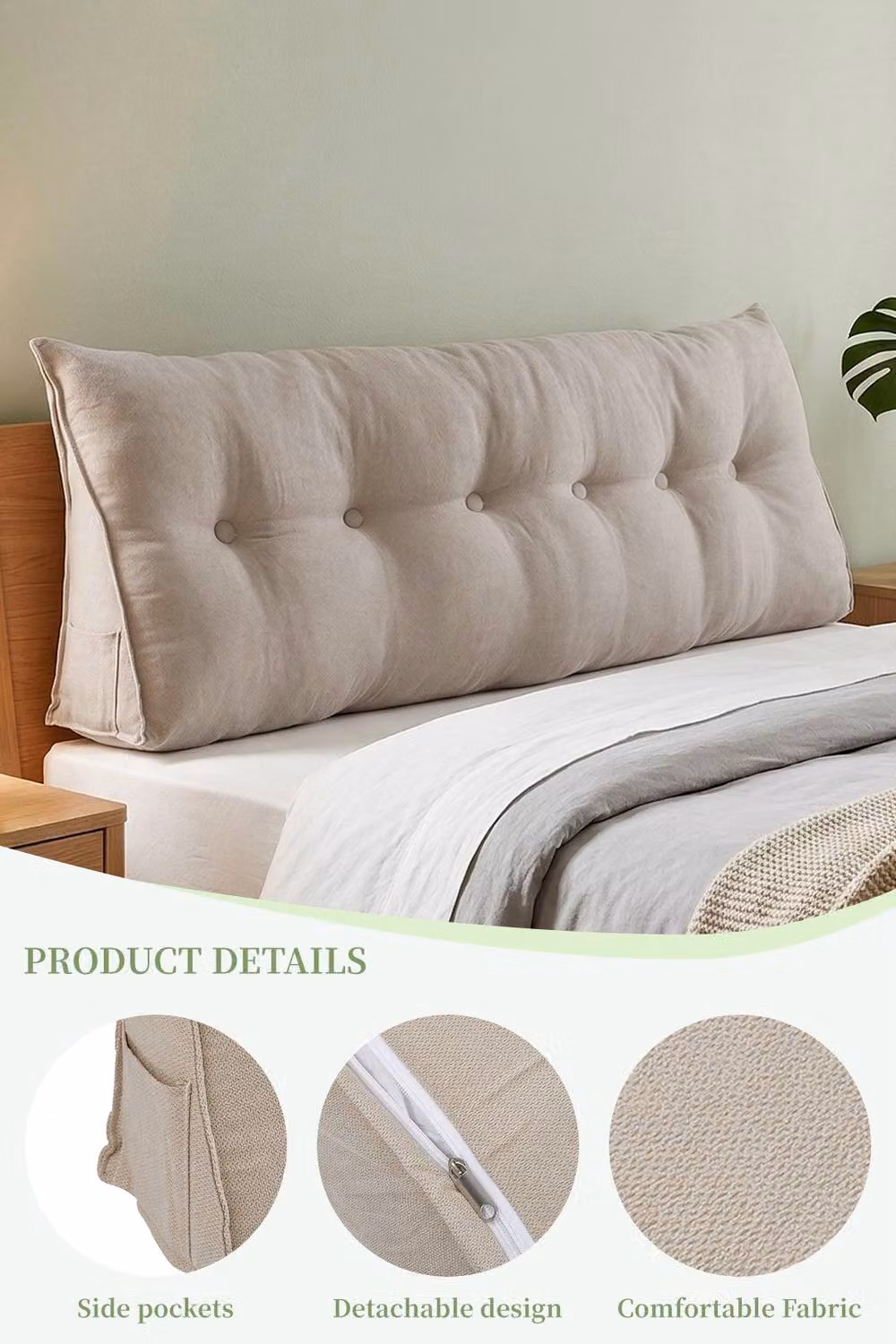 Living and Home Washable Wedge Headboard Pillow with Storage Pocket in Beige, Large – 2