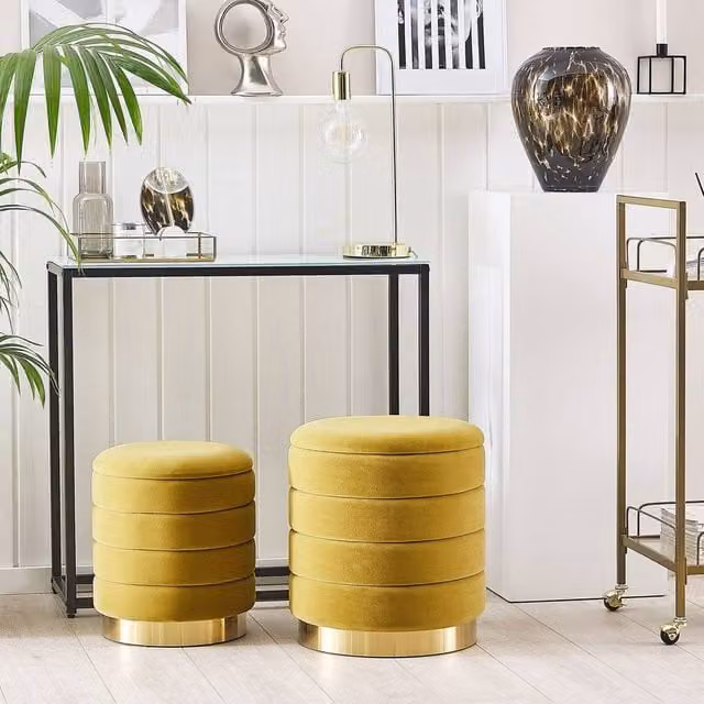 Wyld and Coco Set of 2 Yellow Tufted Velvet Cylindrical Storage Pouffes with Gold Stainless Steel Base