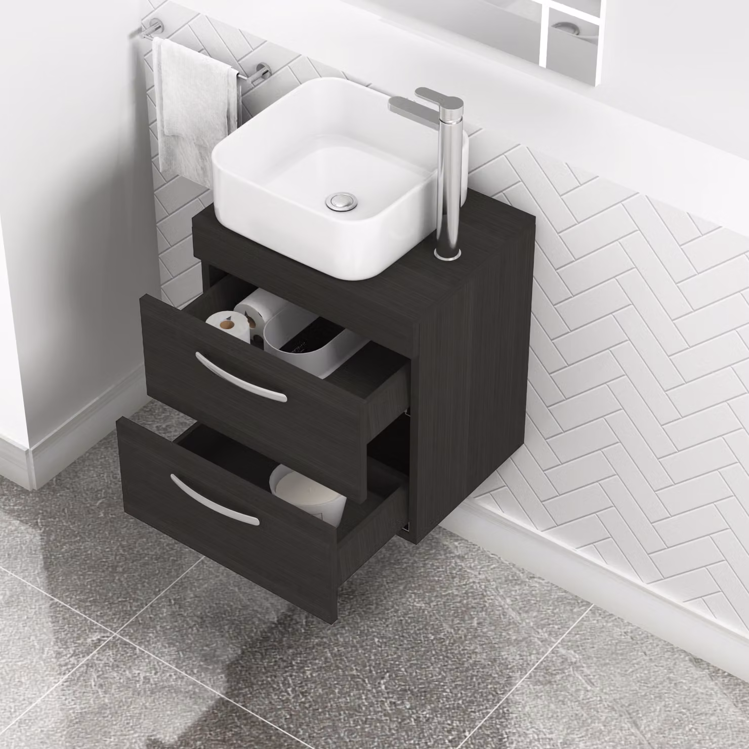 Royal Bathrooms Charcoal Oak 2 Drawer Wall Mounted Bathroom Vanity Unit with Elena Countertop Basin, Width: 50 cm