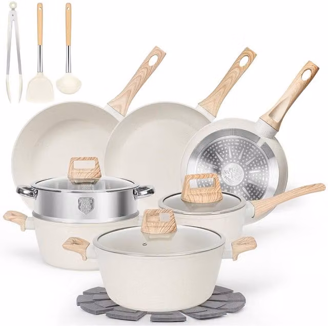 Living and Home 17-Piece Nonstick Ceramic Cookware and Kitchen Utensil Set in Beige