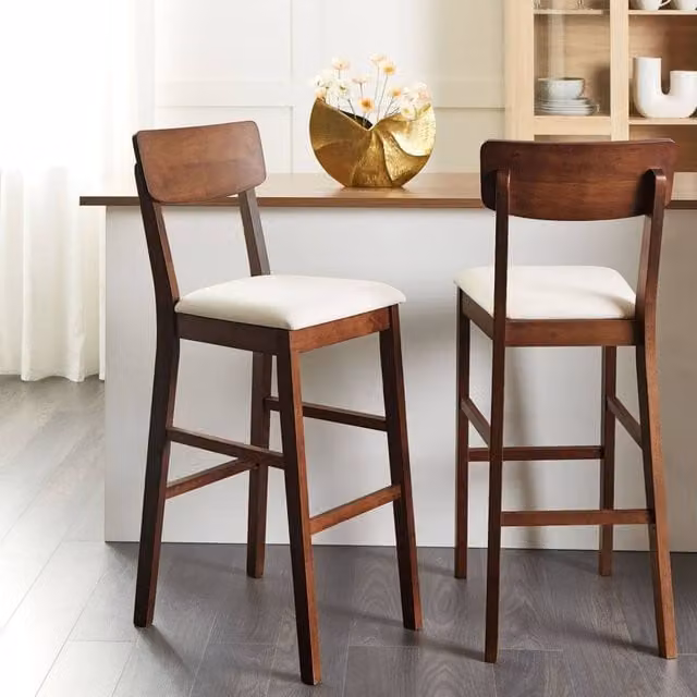 Wyld and Coco Set of 2 Rubberwood Bar Chairs with Brown Fabric Upholstery in Light Beige