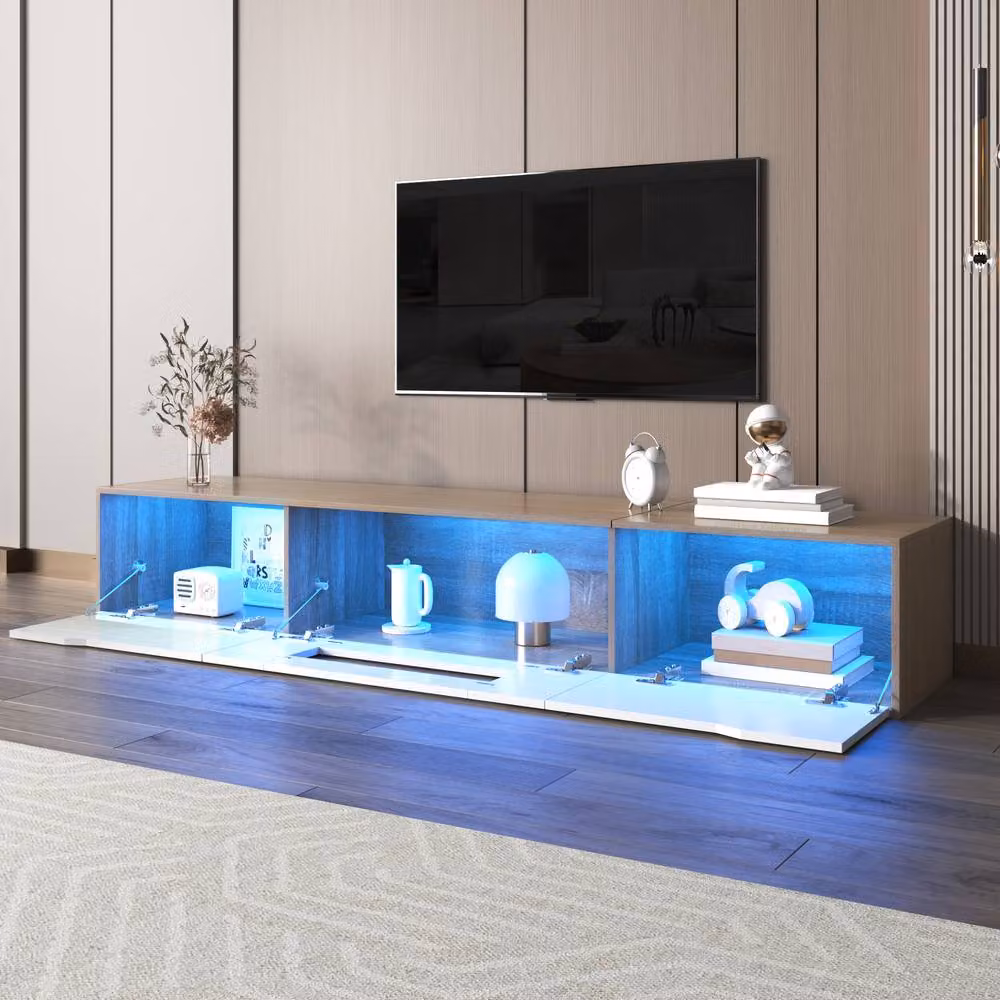 ModernLuxe High-gloss White TV Cabinet with Door and Colour-changing LED Lights, W: 180 cm, H: 35 cm, D: 35 cm – 4