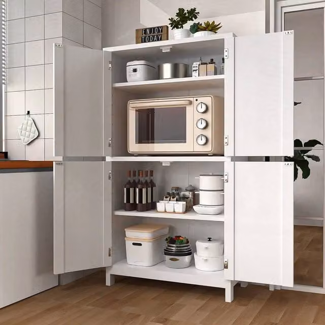 FORGEVIO Modern White Freestanding Tall Kitchen Pantry Cupboard with Hinged Doors and Internal Shelves