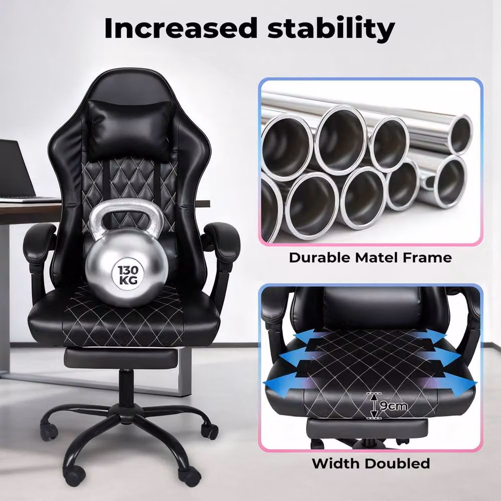 EONLION Black Synthetic Leather Gaming Racing Office Chair with Headrest and Armrests – 3