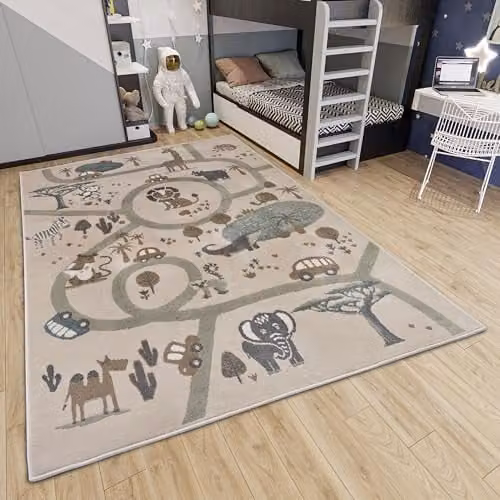 Hanse Home Adventures Childrens Animal Jungle Play Mat, Cream Brown and Grey, W: 160 cm, L: 235 cm