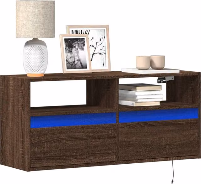 Berkfield Home Modern TV Wall Cabinet with LED Lights in Brown Oak, W: 100 cm, D: 31 cm, H: 45 cm