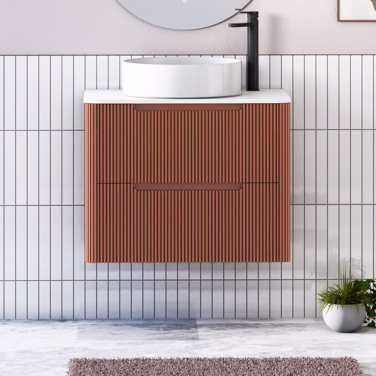 Royal Bathrooms Avenza 700mm Wall Hung Vanity Unit in Terracotta Clay with 2 Drawers, Plain White Worktop and Art Round Basin