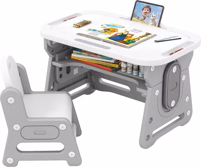 Costway Toddler Drawing Table and Chair Set in Grey