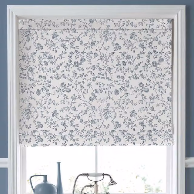 Laura Ashley Aria Made To Measure Blackout Floral Roman Blind in Dark Seaspray Blue