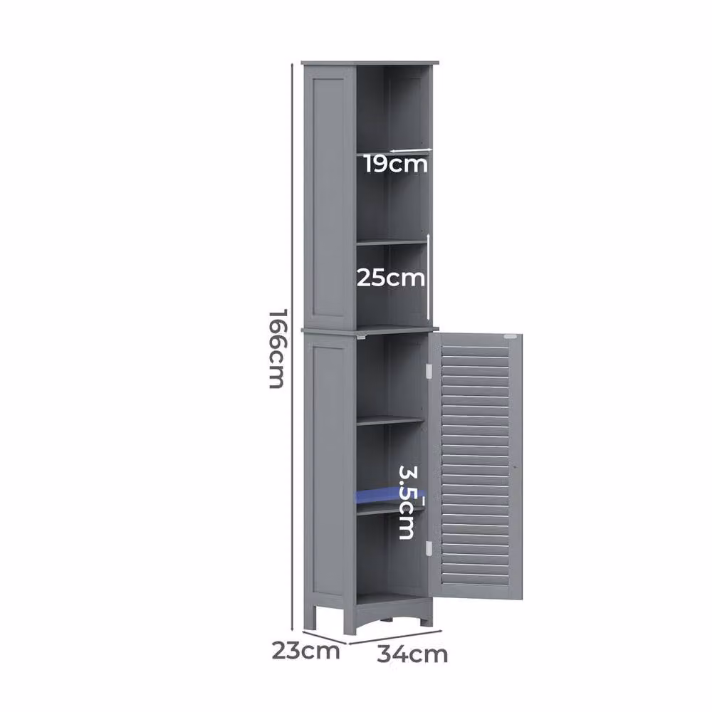 Levede Freestanding Tall Bathroom Storage Cabinet in Grey with Internal Shelves and Hinged Doors, W/D/H: 34 x 23 x 166 cm – 4