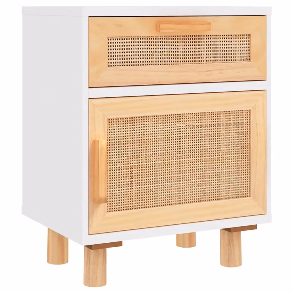 Berkfield Home White Solid Wood Pine and Natural Rattan Bedside Cabinet – 2