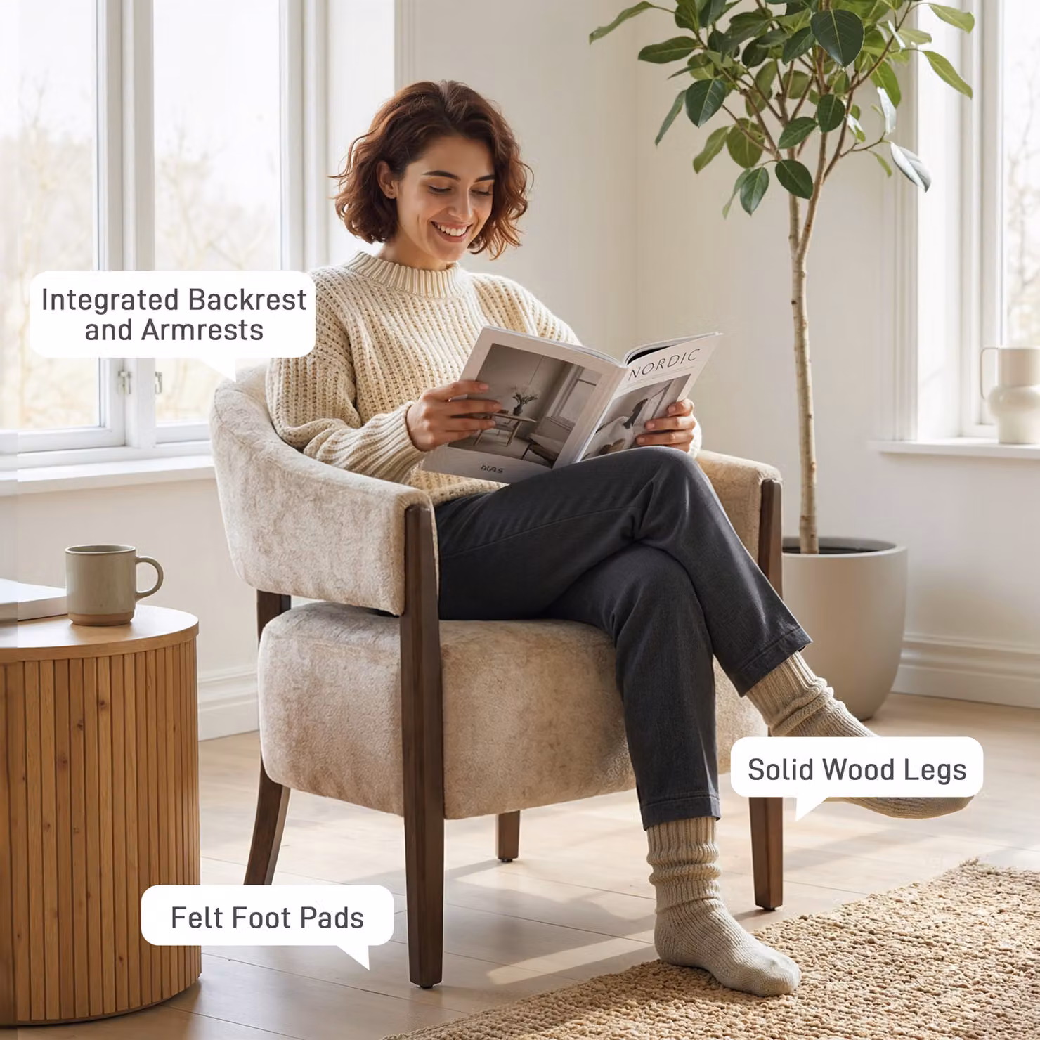 HOMCOM Beige Chenille Upholstered Tub Accent Chair with Solid Wood Frame and Armrests – 2