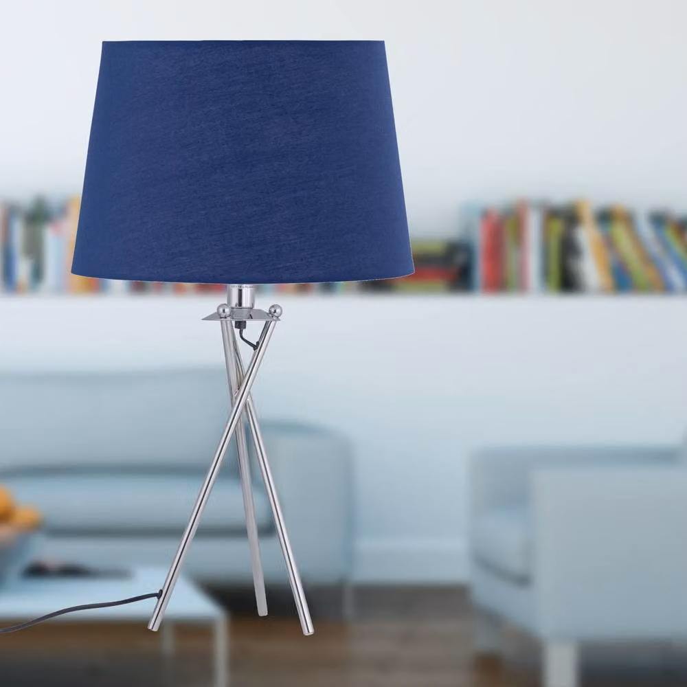 First Choice Lighting Tripod Table Lamp with Blue Fabric Shade and Chrome Base – 3