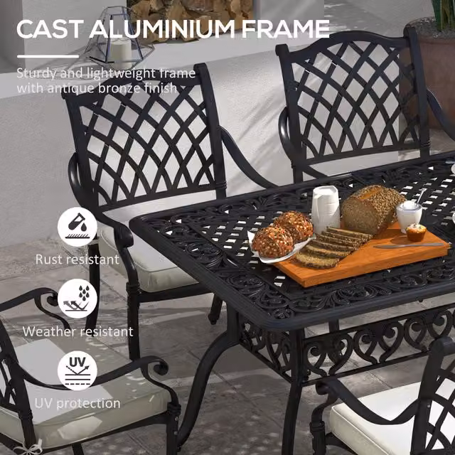 Outsunny 7-Piece Cast Aluminium Patio Dining Set in Brown and Black, W: 90 cm