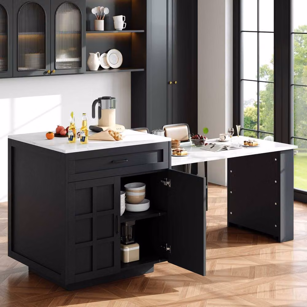 BTM Extendable Bar Table with Two Drawers and Side Shelves in Black – 2